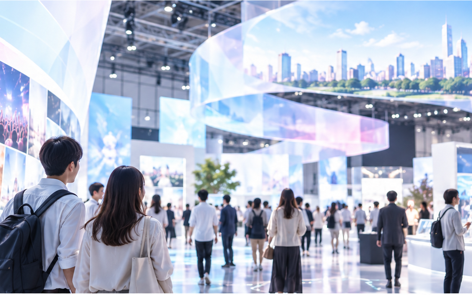 未来展示ホールを歩く来場者たち